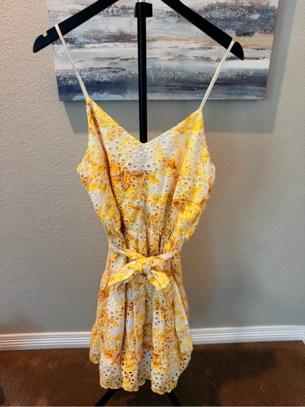 Express Yellow Floral Eyelet Tie-Waist Mini Dress